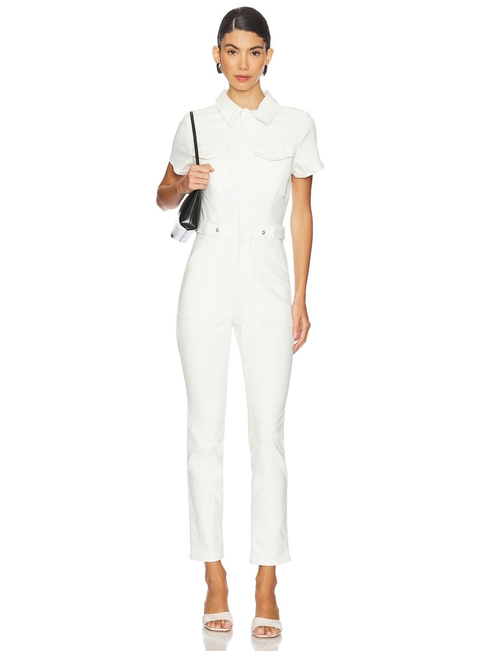 Good American White Denim Utility Jumpsuit Wide Leg Stretch Coveralls Size 2